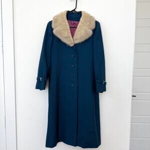 BELSON Wool Coat Blue Fur Collar Union Made USA Mid Century 1950s 60s Classic